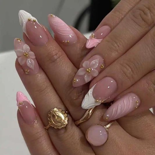 24pcs Pink Flower Almond Press on Nails
