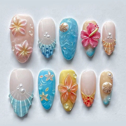 24pcs Pink Flower Almond Press on Nails